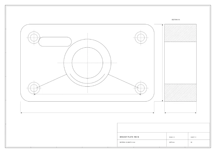 The source file: an A3 bracket-plate drawing as it appears in a PDF viewer — border, title block, section view and dimension lines.