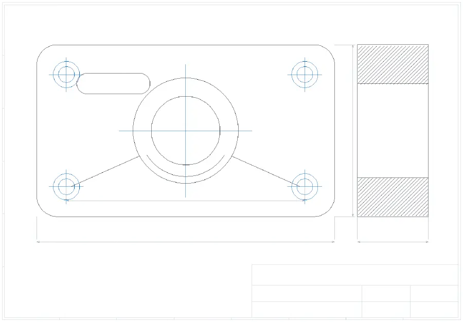 The same drawing after conversion, drawn back entity by entity from the DXF and coloured by layer: outline black, holes and centre marks blue, dimensions and border grey.